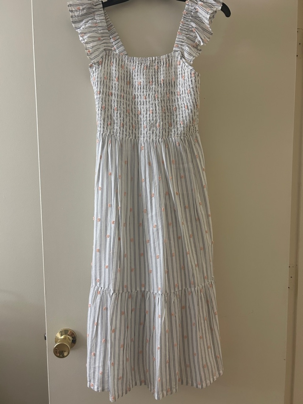 LOFT White stripes and Peach dot Smocked Midi Dress